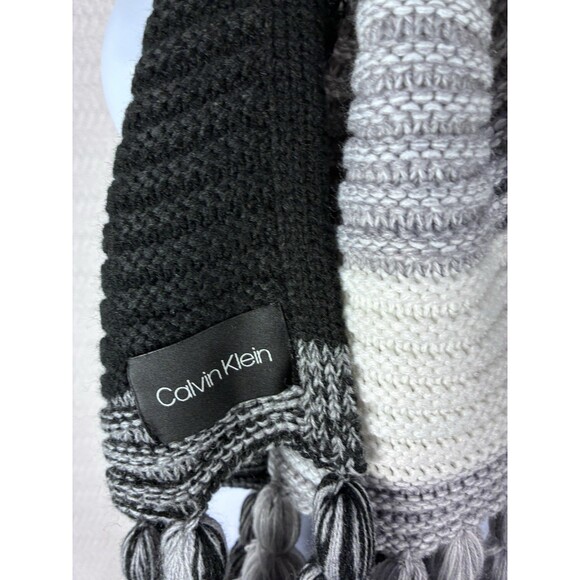 Winter Knitted Thick Scarf Calvin Klein Tassels Black White Gray One Size - Picture 8 of 13